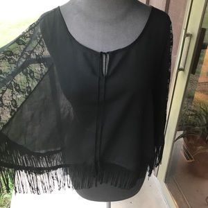 Black shawl with lace and fringe